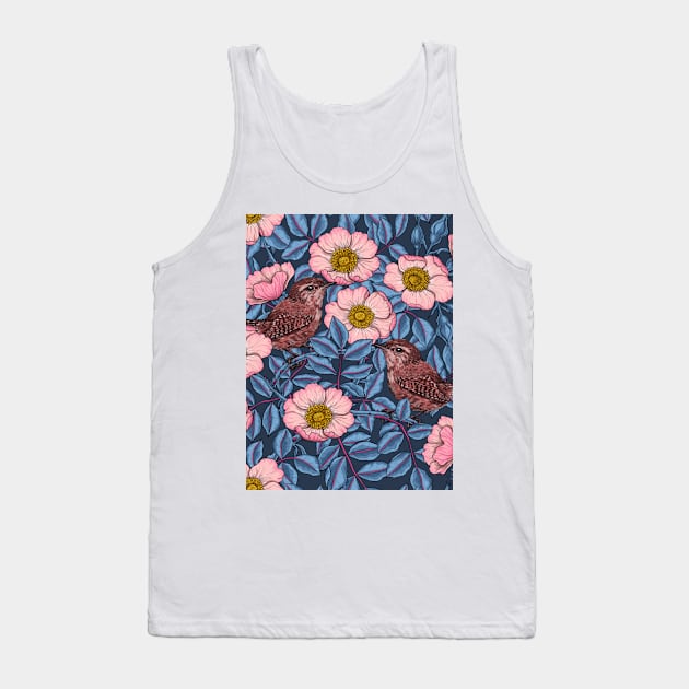 Wrens in the roses on navy Tank Top by katerinamk